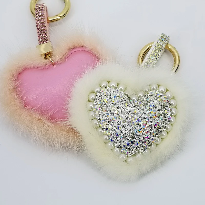 

100Pcs/Lot Heart Pompom Keychains Mink Hair Fluffy Ball Keyring Jewelry Pendant for Bags Decoration Charming Gifts Boutique Shop