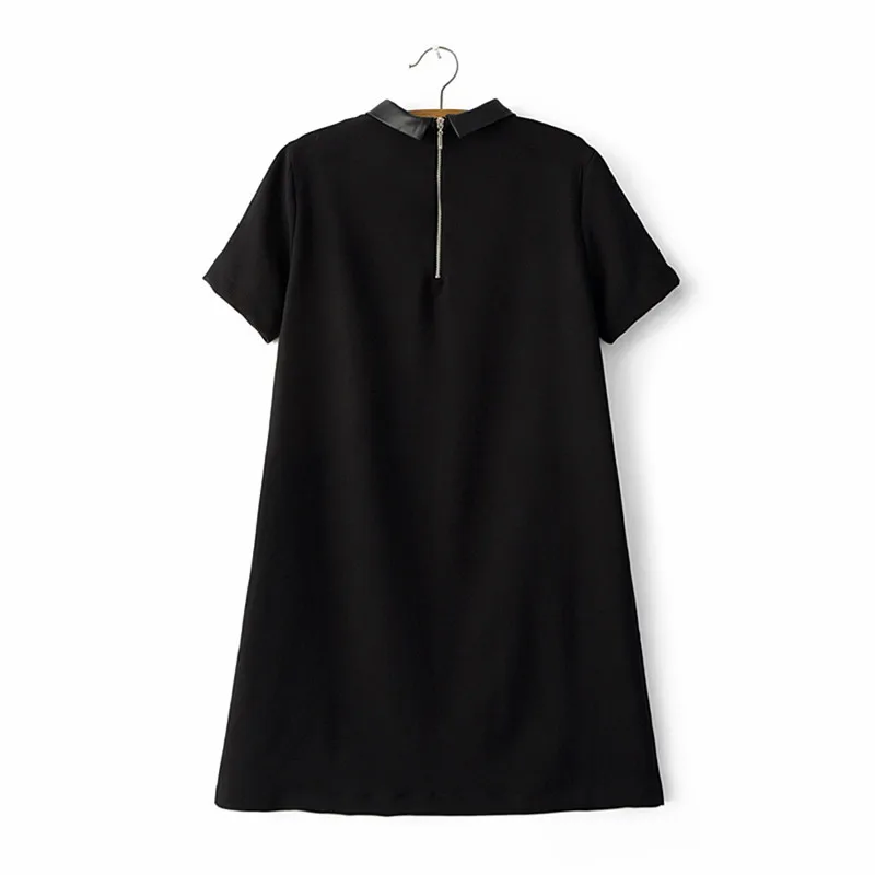 Женское черное платье с воротником из искусственной кожи с коротким рукавом, Летнее мини-платье трапециевидной формы с отложным воротником, Повседневное платье QZ2292