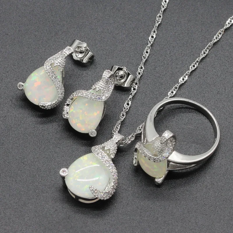 

Pear Shape Opal 925 Silver Bridal Jewelry Sets Blue White Pink Colors For Women Stud Earrings Necklace Pendant Ring