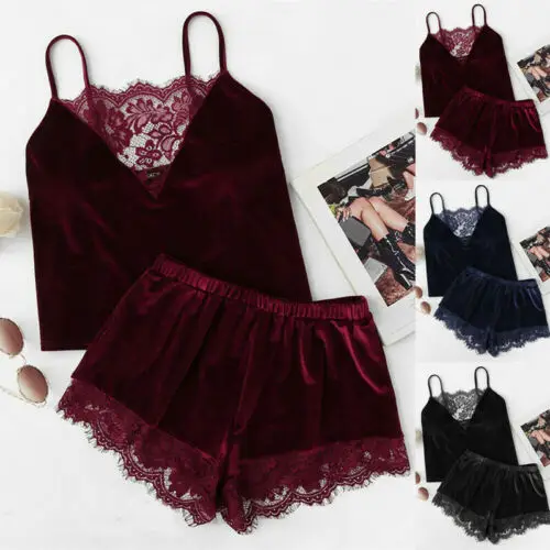 

2pcs Women Sexy Lace Sleepwear Sleeveless Solid V-Neck Pajamas Set