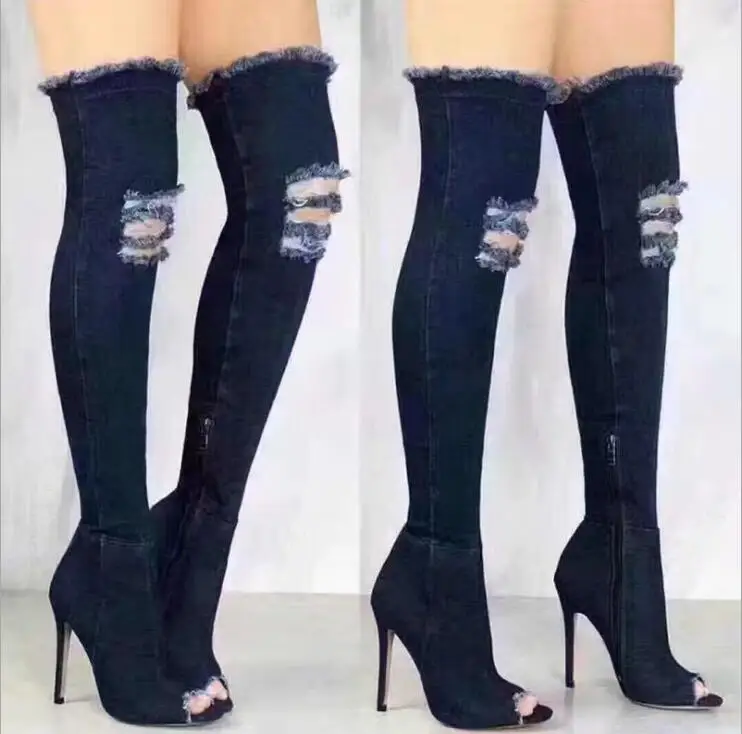 XDA/; женские сапоги; сезон лето-осень; Сапоги выше колена с открытым носком; качественные эластичные джинсы; модные сапоги; сапоги на высоком каблуке