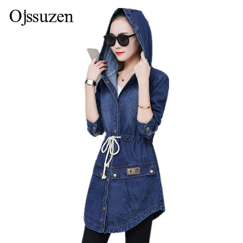 

S-3XL Plus Size Jacket Jeans Women 2019 Autumn Spring Ladies Denim Jacket Long Sleeve Hooded Coats Outwear Jeans Coat Female
