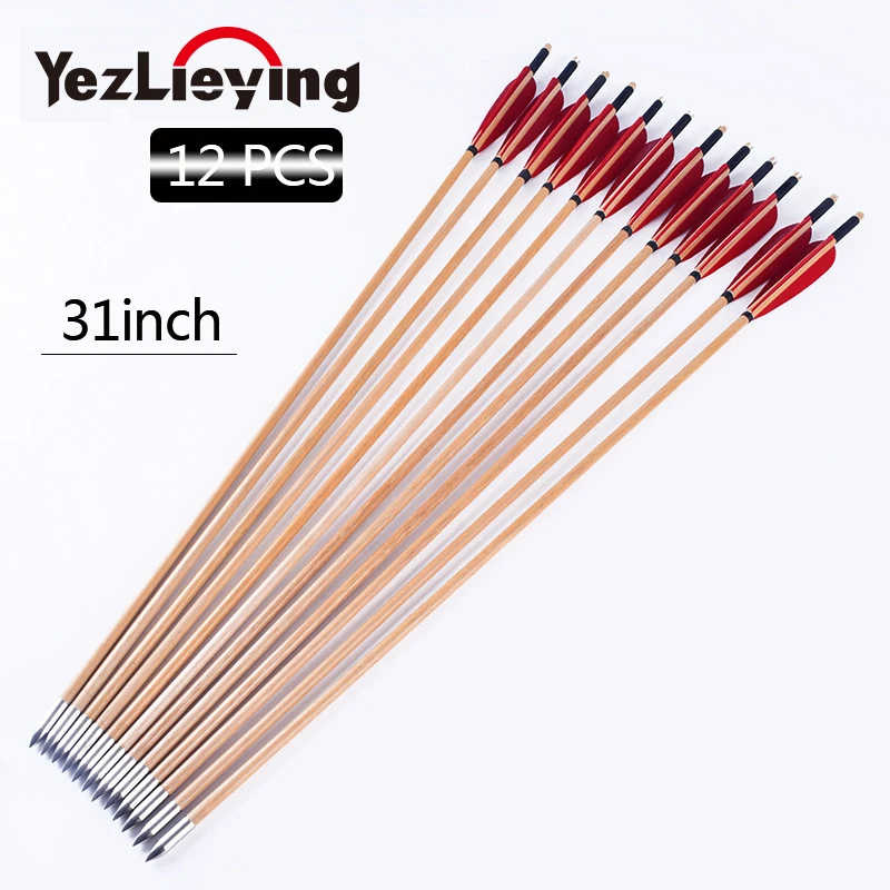 

12Pcs HandMade Wooden 31" Cedar Pine Arrow with Turkey Feathers OD 8.5mm for Archery Shooting Target
