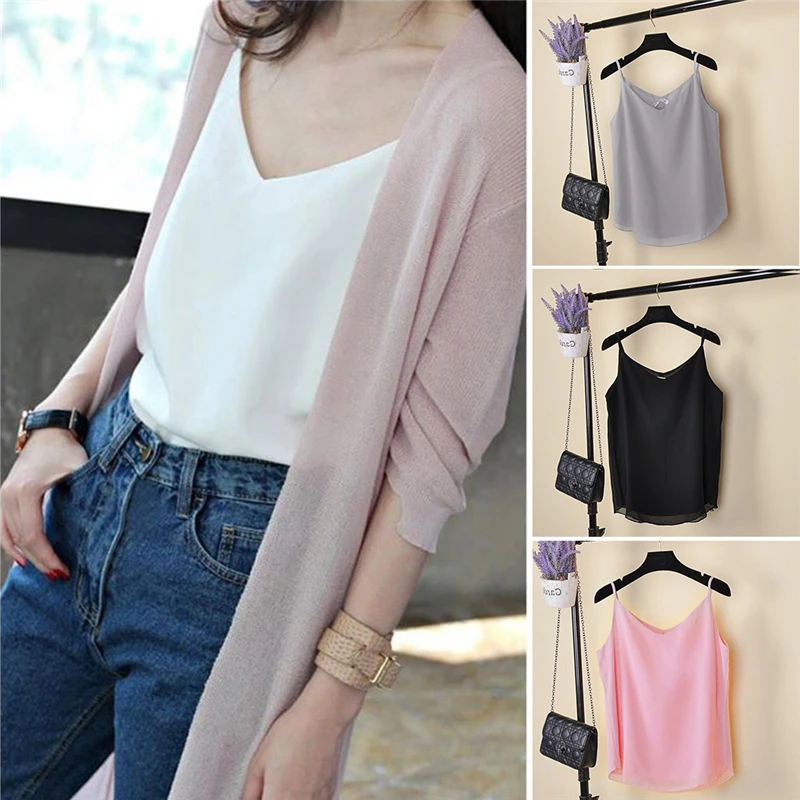 2017 صيف جديد أكمام قميص مثير الرقبة كاميس فضفاضة عارضة الشيفون تانك القمم S-4XL الصدرية السيدات الملابس