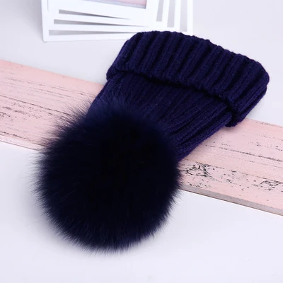 Real Fur Hat Knitted Real fox hair bulb Pom Pom Hat Women Winter Hat Unisex Kids Warm with wool Chunky Thick Stretchy Knit hat - Цвет: Navy hair bulb