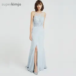 Kimjobridal реальные платья выпускного вечера Sheer экипажа кружевные аппликации для выреза с боковыми атласная этаж Длина вечерние платья