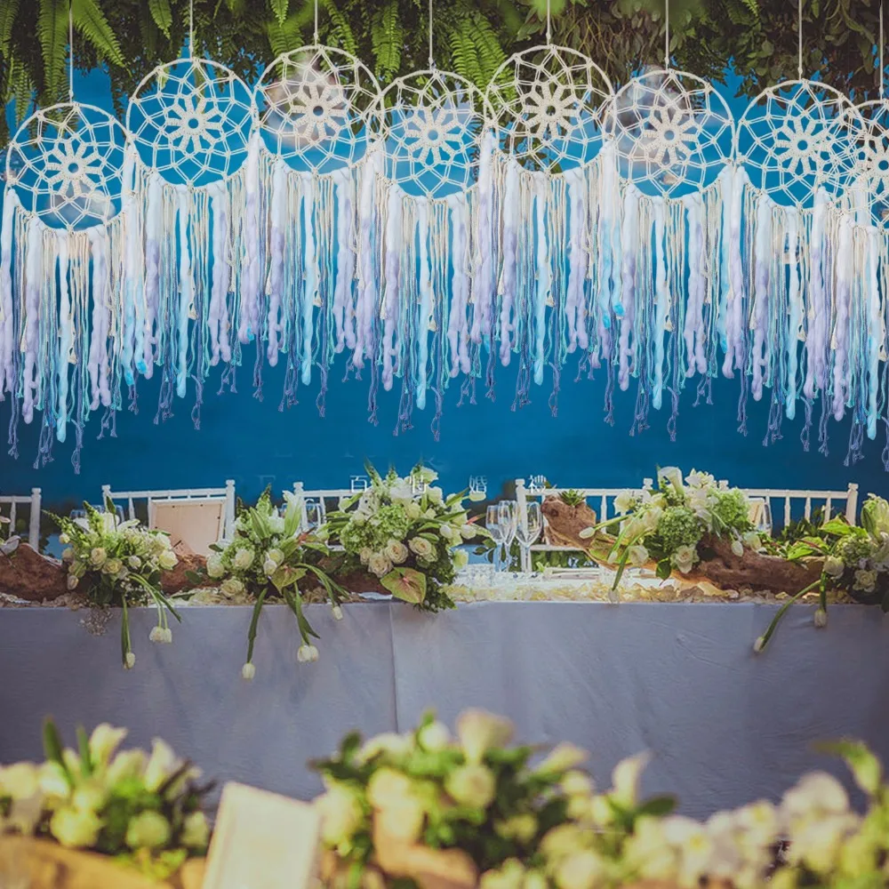 

Blue white Handmade home decoration hanging Macrame Tapestry Wedding Ceremony Backdrop Wall Art Pure cotton thread Boho curtain