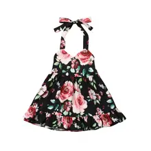Новинка, детское праздничное платье принцессы с лямкой на шее и цветочным принтом, Хлопковое платье для маленьких девочек, сарафан