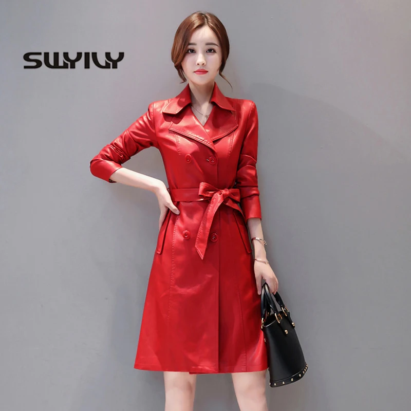 SWYIVY Women Leather Coats PU Long Windbreaker 2018 New Female Casual Fashion Leather Jacket Locomotive Large Size Woman Coat