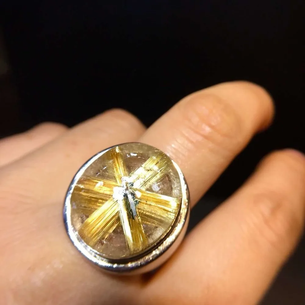 

20.9x18mm Natural Gold Rutilated Quartz Crystal Ring Big Bead Flower Design For Woman Man Adjustable Size Silver Rings AAAAA