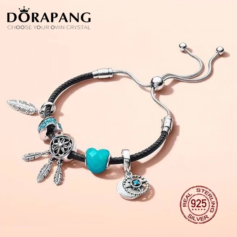 

DORAPANG 2018 New Hot Sale 925 sterling silver Black Leather Bracelet Gift Set For Women Adjustable Bracelet Charm DIY Jewelry