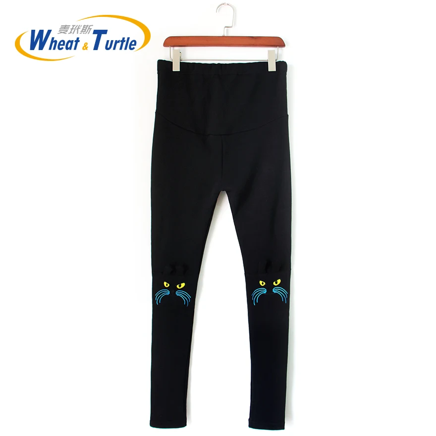 

2019 Hot Sale CottonThicken Velvet Winter Leggings For Pregnant Women Knee Embroidered Cat Pattern Maternity Slim Warm Leggings