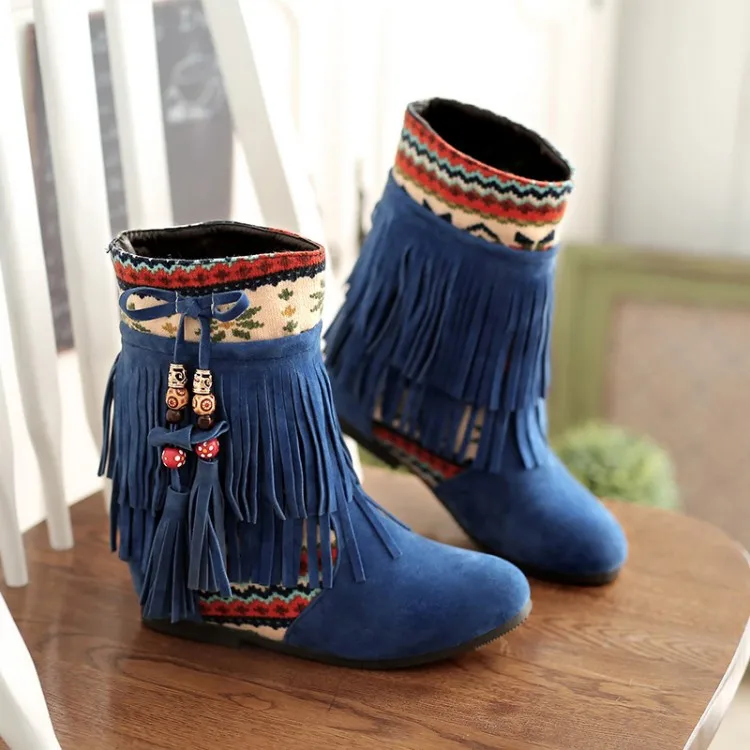 Дамские зимние ботинки для верховой езды в этническом стиле на меху с кисточкам и бисером из флока больших размеров размер 34–43 женские полусапоги со скрытой платформой короткое ботинки