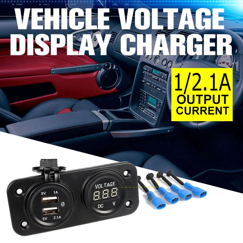 1A//2.1A Dual USB Universal Port Car Charger Socket Green 12V24V Digital Voltmeter