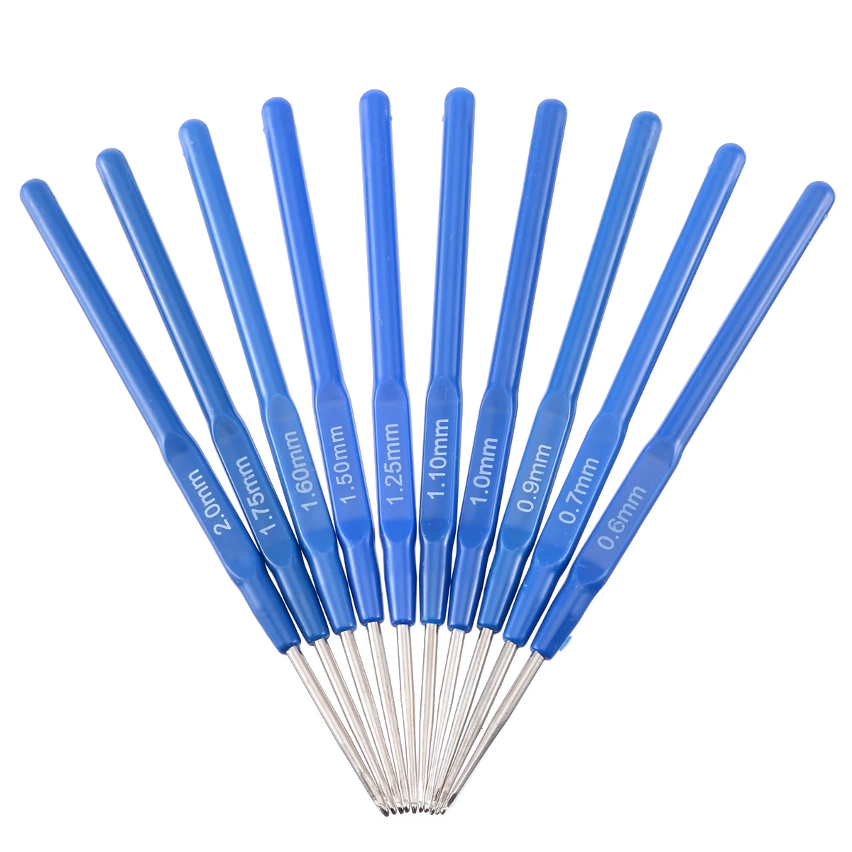 10pcs Blue Metal Knitting Needles Length 14mm Hook Size 0.6-2mm Crochet Hooks Tools Kit With Ergonomic Grips