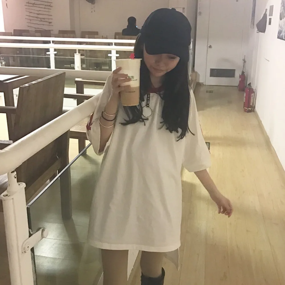 Корейский ulzzang женские длинные футболки японский Harajuku Мода ретро сплит женская футболка Готический полосатый короткий рукав футболки