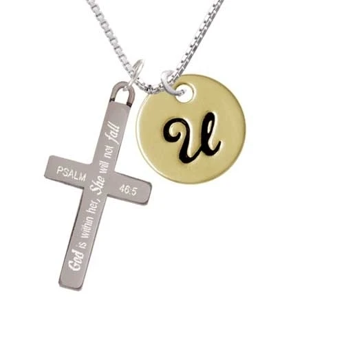 Large Gold Tone Disc Letter - U - 3/4'' - She will not Fall - Cross Necklace (1)