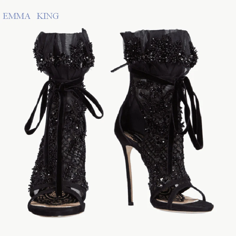 

Spring Black Mesh Ankle Boots for Women Rhinestone Open Toe Sandalias Mujer High Heels Boots Lace-up Stiletto Heels Women Shoes