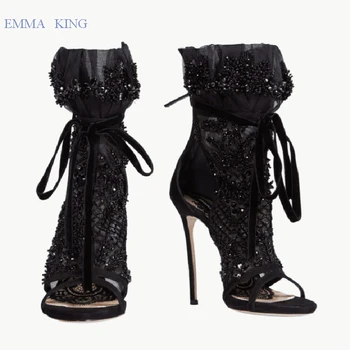

Spring Black Mesh Ankle Boots for Women Rhinestone Open Toe Sandalias Mujer High Heels Boots Lace-up Stiletto Heels Women Shoes