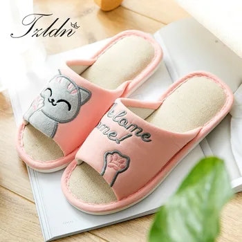

2019 TZLDN Summer Striped Flax Home Women Slippers Indoor Floor Shoes Silent Sweat Slippers For Summer Women Sandals Slippers
