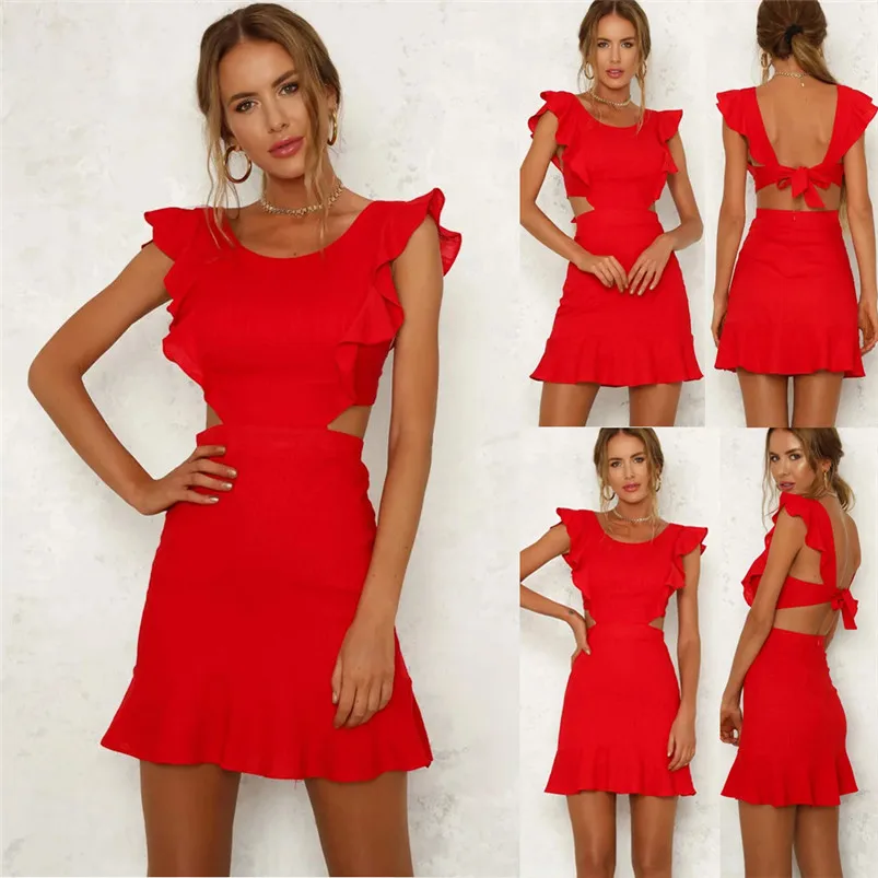 2018 HOT sell Dress summer beach dress Women Solid Short Sleeve Ruffles Backless Hollow Out Beach Boho Mini Dress vestido J08#N (25)
