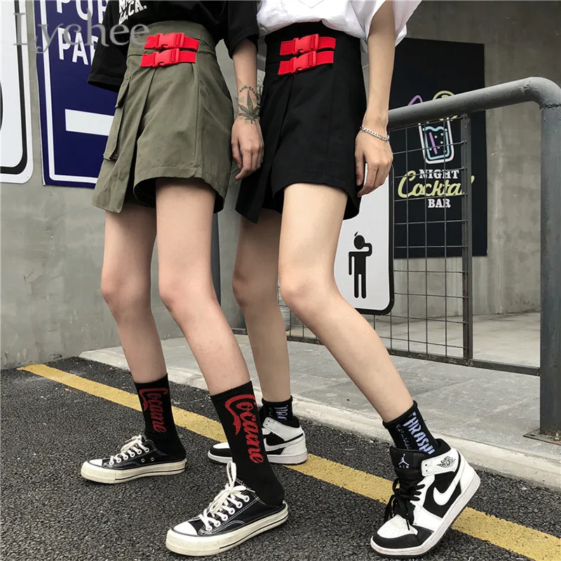 Lychee японский стиль нерегулярные Карманные женские шорты с пряжкой выше колена ремень Высокая талия Свободные Женские карго шорты