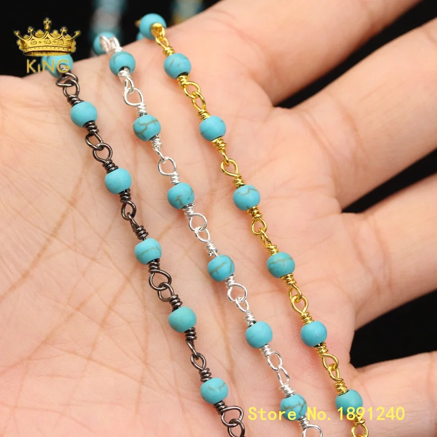 

5meters Howlite Chain Jewelry Making,4mm Blue Turquoises Round Loose Beads Rosary Chains DIY Choker Anklet Necklace Women ZJ361