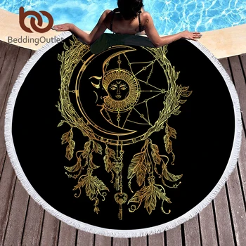 

BeddingOutlet Dreamcatcher Large Beach Towel Microfiber Golden Black Bohemia Bath Towel Black Picnic Mat Sun and Moon Tapestry