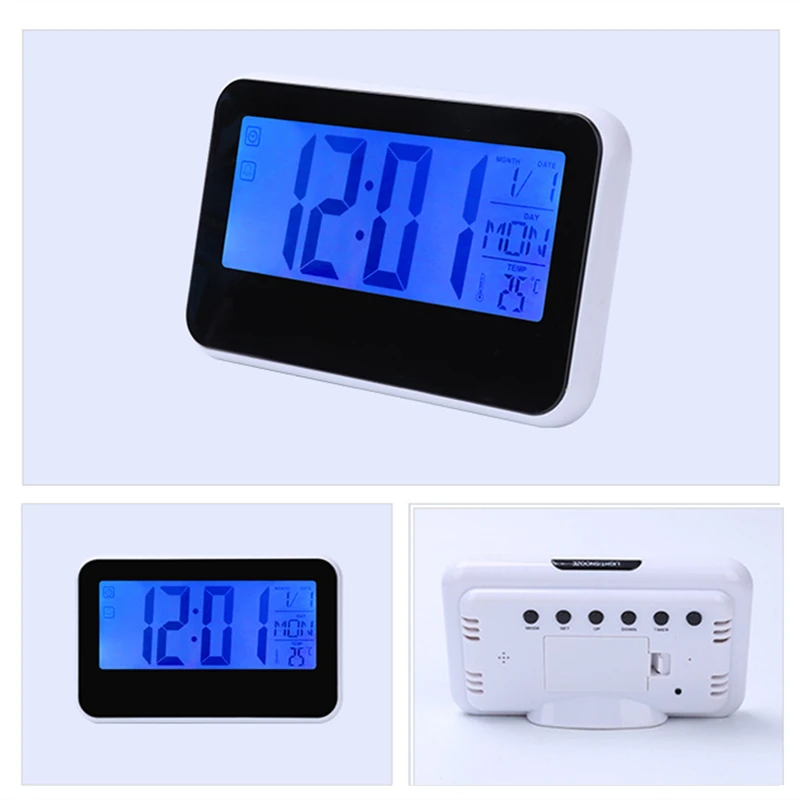 Voice Control Back-light LCD Alarm Clock Weather Monitor Calendar Decor Desktop Table Clock With Timer Sound Sensor Temperature