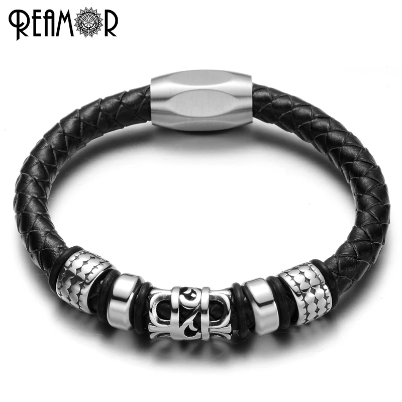 

REAMOR Trendy Scout Flowers Charms Male Bracelets Leather Rope with Stainless Steel Magnet Buckle Bracelet Men Fashion Jewelry