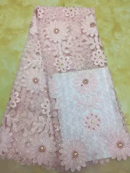 

2019 pink Latest French Nigerian Laces Fabrics with beaded stones Tulle African Laces Fabric Wedding African French Tulle Lace