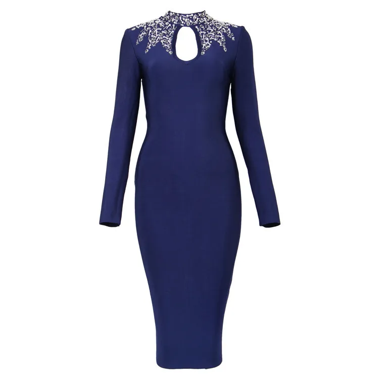 Royal Blue Black Vestidos High Neck Long Sleeve Sexy Bandage Dresses ...