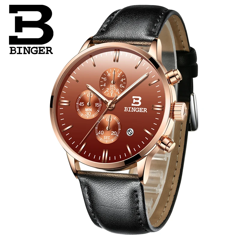 BINGER мужские часы лучший бренд класса люкс мужские кожаные водонепроницаемые спортивные кварцевые часы с хронографом военные наручные часы Мужские часы montre homme