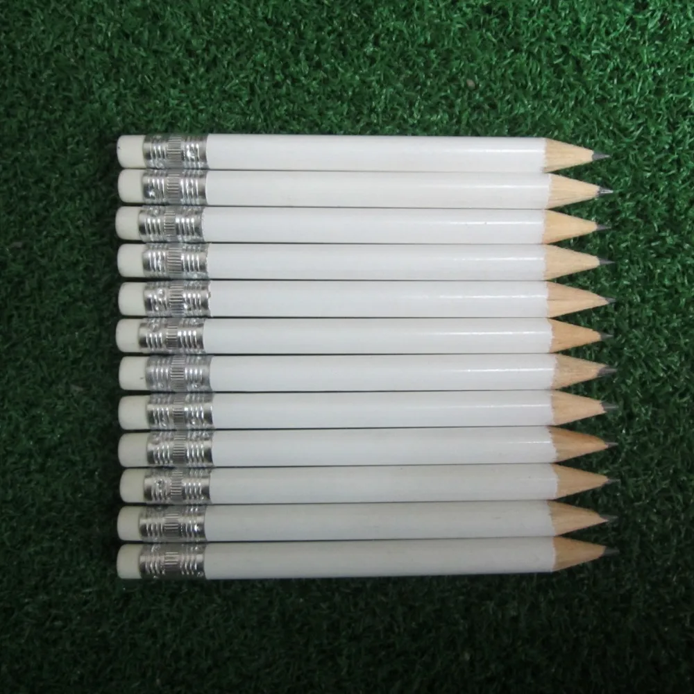 12 dozens 144pcs white color 3.5 inch half length 100mm blank logo round wooden material eraser golf pencil 12 dozens 144pcs white color 3.5 inch half length 100mm blank logo round wooden material eraser golf pencil