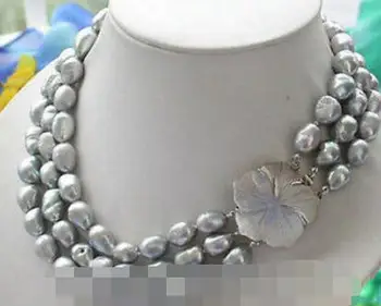 

9-10 MM AAA+ gray baroque freshwater Cultured pearl NECKLACE 3 row