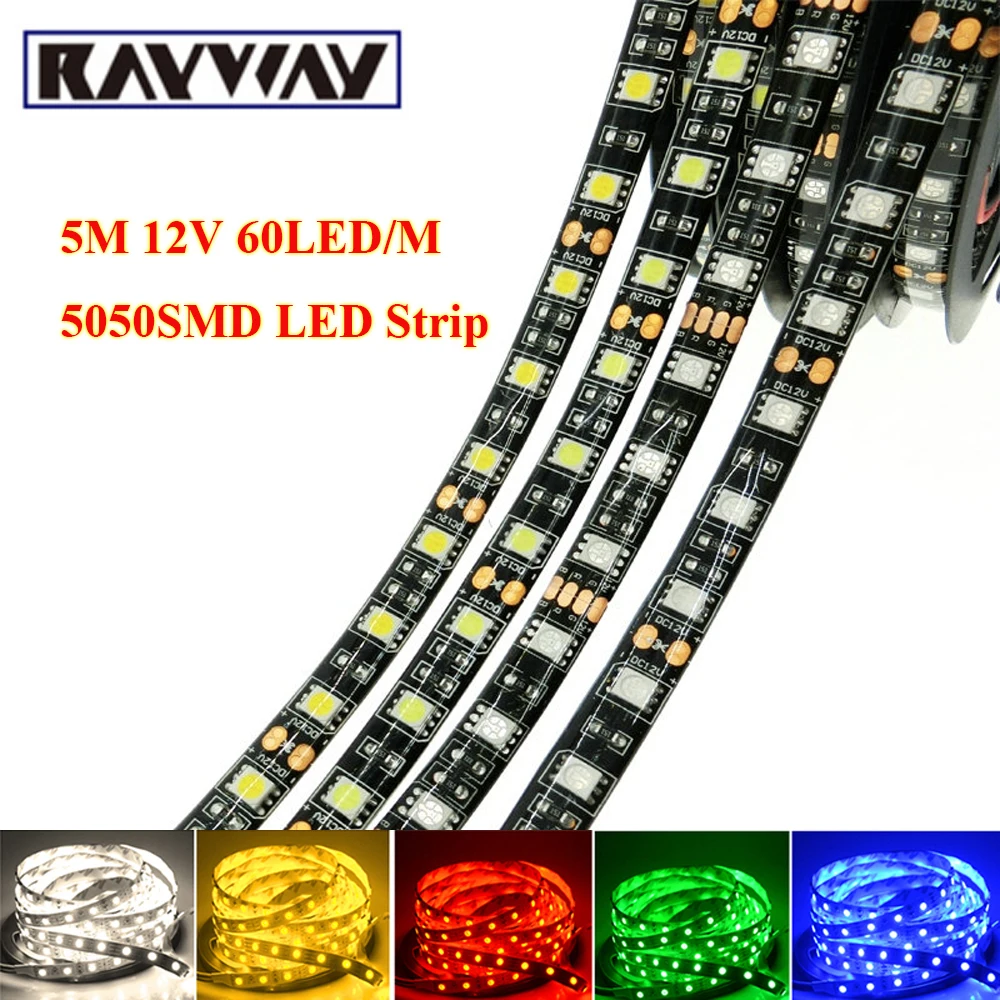 

RAYWAY DC 12V LED strip light 5M SMD 5050 Black Pcb 60led/M LED Lighting flexible led ribbon waterproof diode tape Decor Lamp
