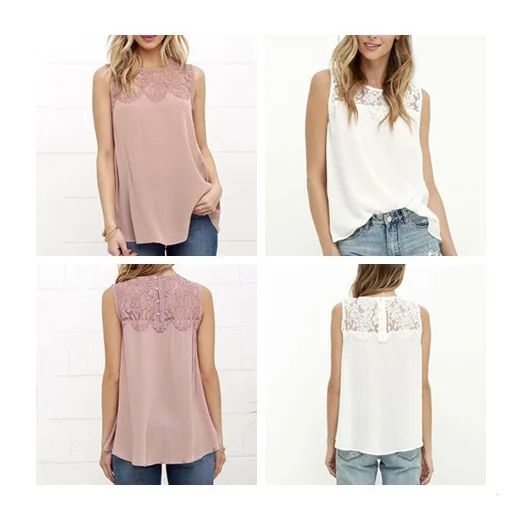 Floral Lace Chiffon Blouse Sleeveless Shirt Summer Office Women Female Crochet Tops Shirts White Top Blouses Shirts