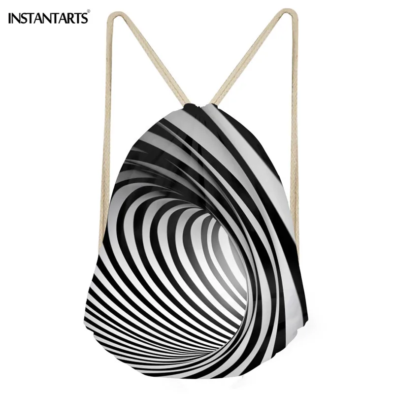 

INSTANTARTS Gym Sack Men's Casual Drawstring Bag 3D Cool Black White Vertigo Hypnotic Print Beach Multifunction Backpack 2018