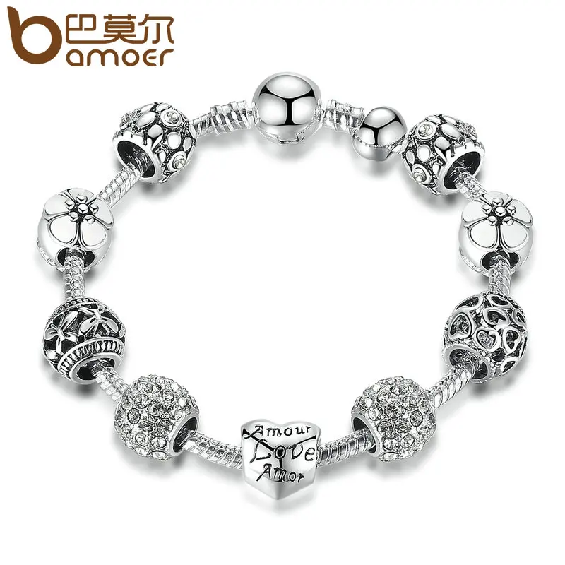 

BAMOER Silver Color Amour Love Openwork Heart White Flower Charm Bracelets & Bangles for Women Jewelry Accessories PA1503