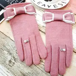 2018 бантом наручные Для женщин перчатки зимние кашемировые шерсть смешивается Сенсорный экран перчатки милые дамы утепленные Варежки