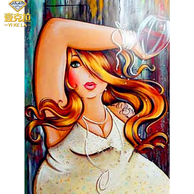 

YIKELA Diy Diamond Painting Cross Stitch Woman red wine Diamond Embroidery Full Square Drill Diamond Mosaic Household Decor