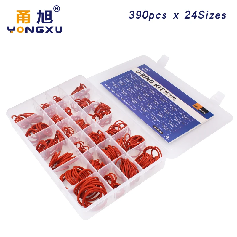 

390pcs Red Silicon O-Rings Rubber 24Sizes Washer Gasket O Ring O-ring Silicone Viton Seal Assortment Set Box Kit Ring