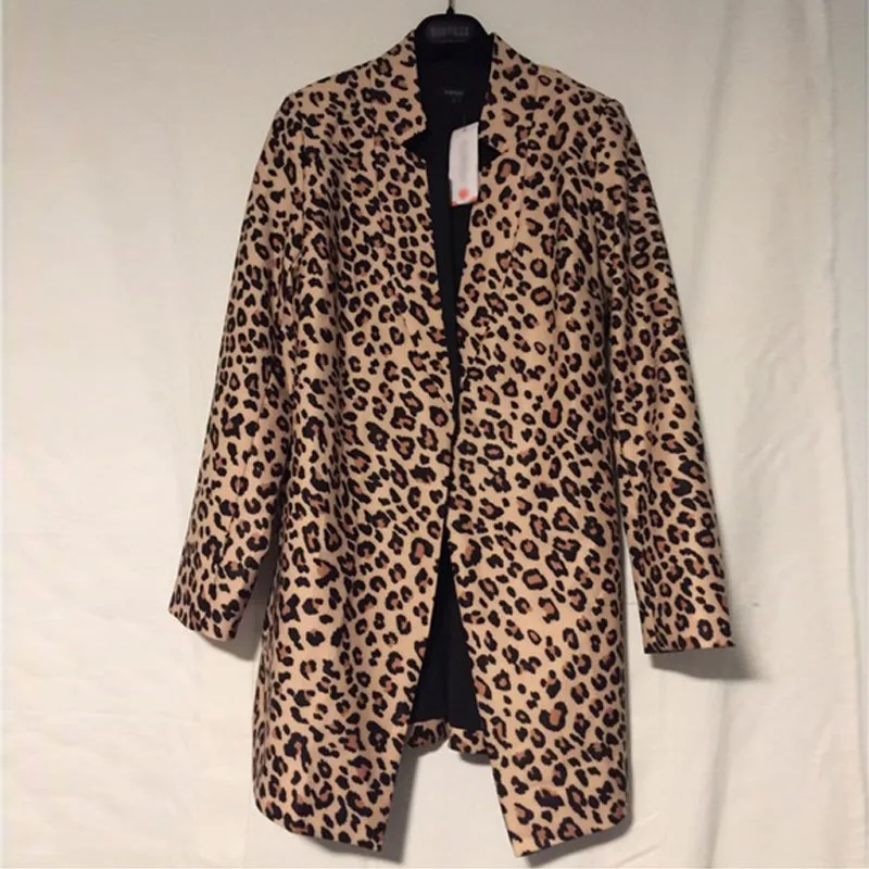 Тонкий леопардовый костюм пальто для женщин с отложным воротником Верхняя одежда куртка Повседневная весна осень элегантный плюс размер длинное пальто