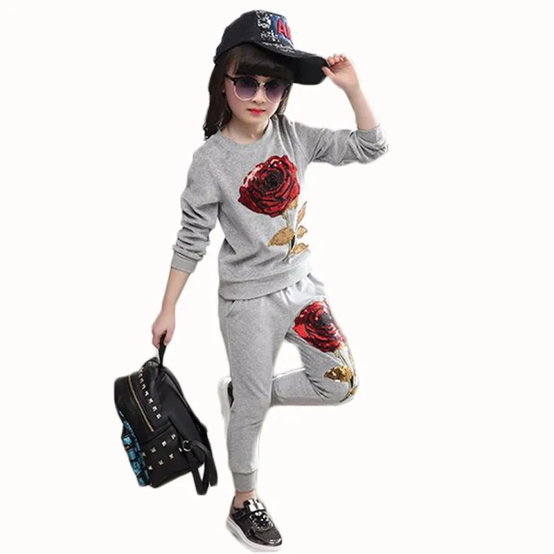 Meilleur 2018 bébé Fille Vêtements vêtements pour Enfants Ensembles Enfants Printemps et Automne Paillettes Rose Applique À Manches Longues T shirt + pantalon 3 8Years Vieux