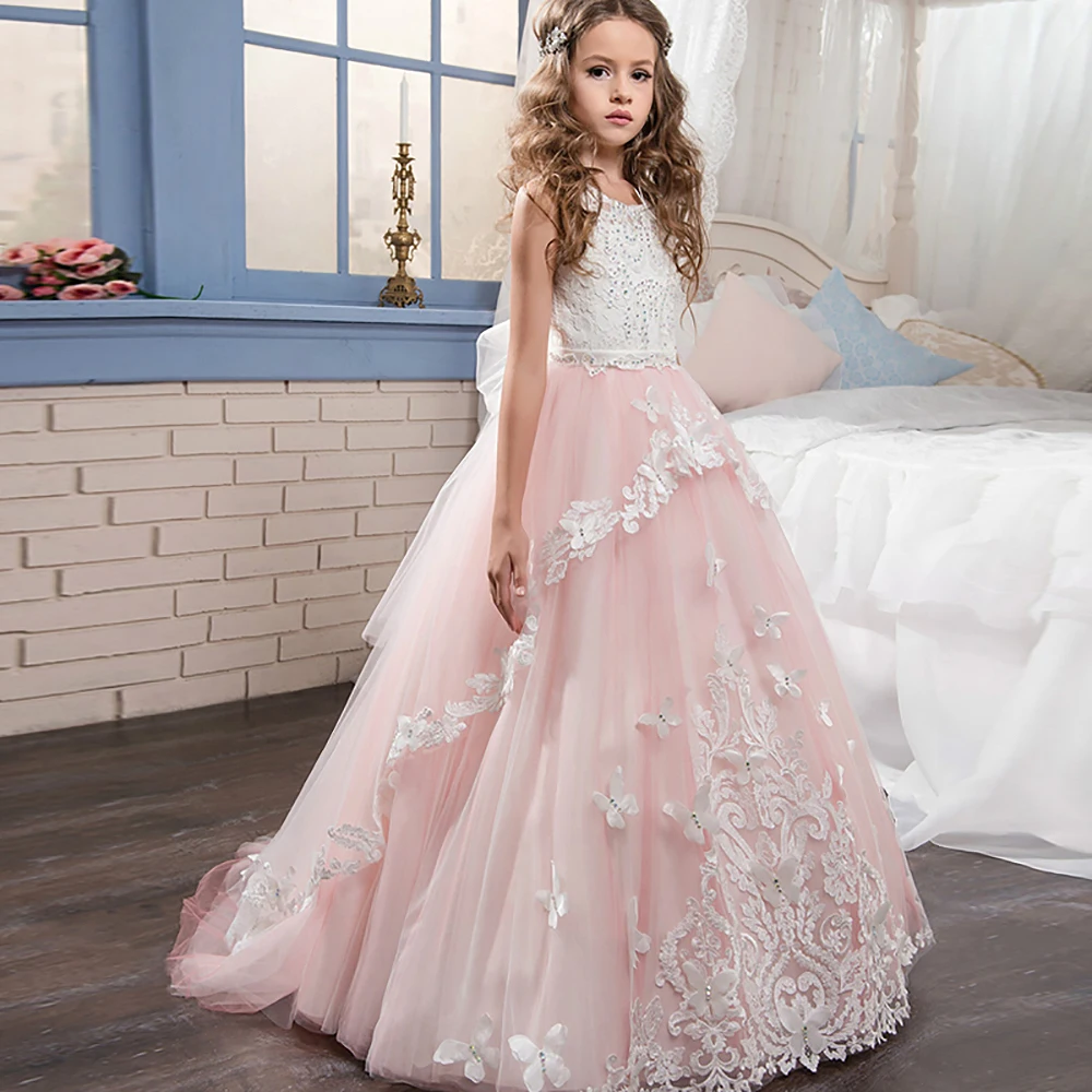 Розовый 2018 для девочек в цветочек платья для свадьбы бальное платье Тюль Кружева бисером Детские Длинные платье для первого причастия для