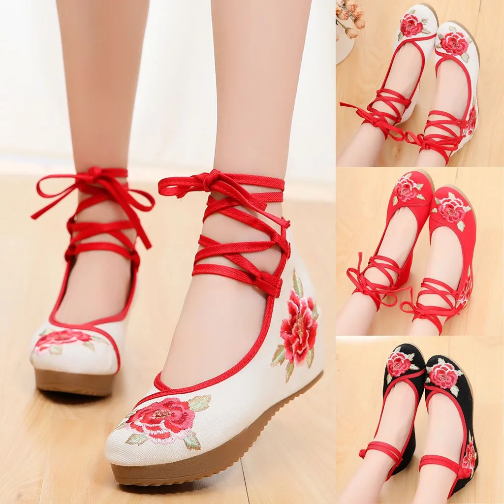 

Hot Sale Women's Low-Cut National Wind Canvas Round Head Wedge Embroidered Shoes Small Fashion brand New high quality