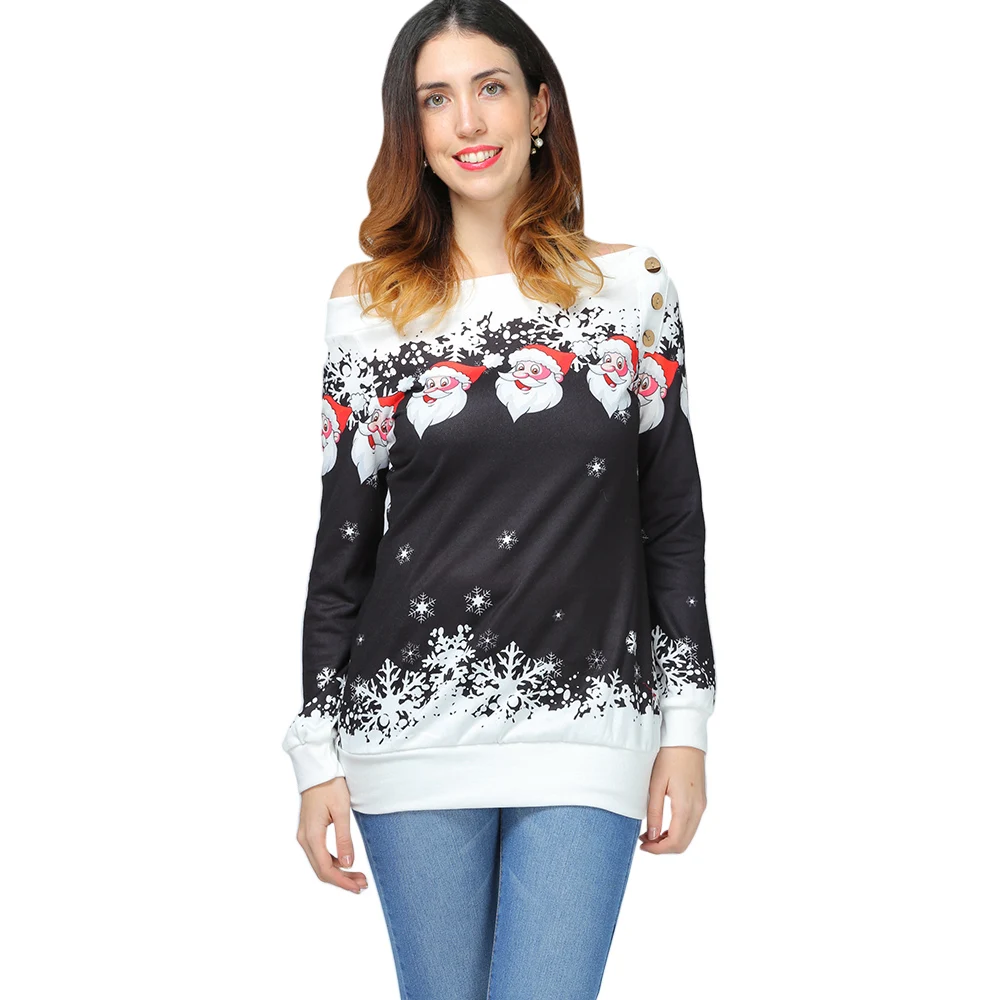 

Santa Claus Snowflake Pullover Female Christmas Sweatshirt Jumper Outerwear Autumn Hoodies Women Button Tops long tunic shirt