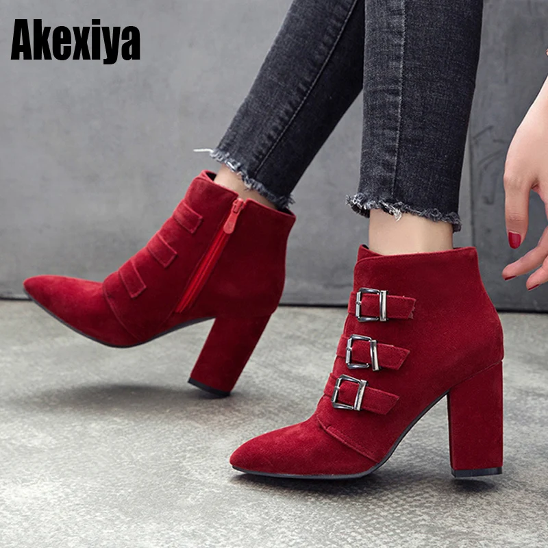 

2019 New Arrivals Fashion Women zipper Buckle Ankle Boots Casual Suede Pointed Toe Thick High Heels Party Shoes Woman k100
