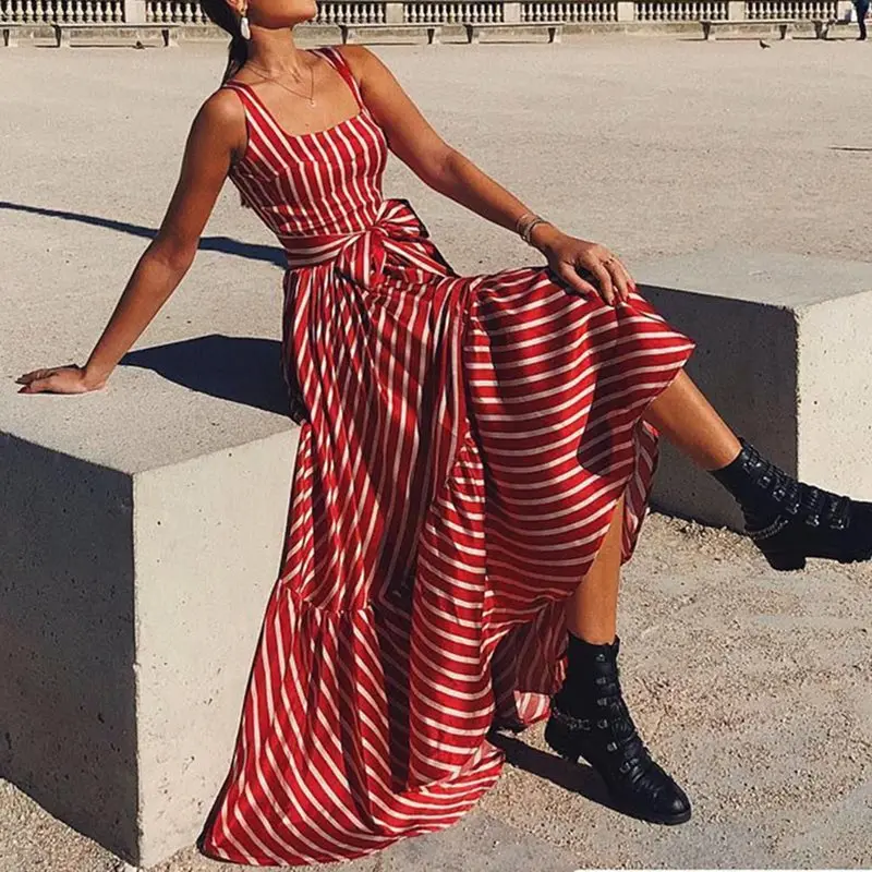 

Casual Stripe Maxi Dress Elegant Sexy Backless Women Holiday Robe Red Boho 2019 Fashion Sleeveless Ruffle Big Swing Long Dresses