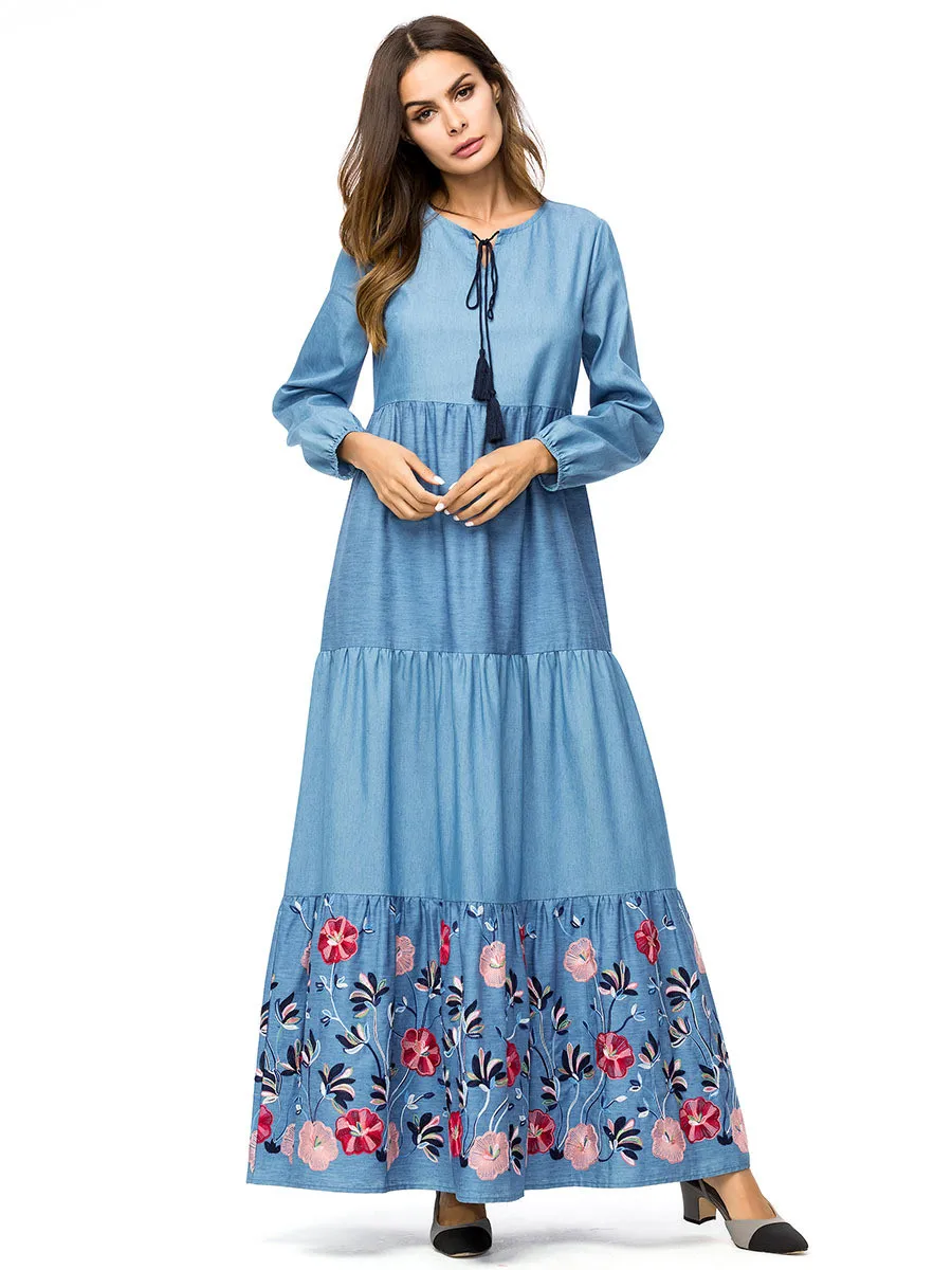 

Plus Size Women's Wear Muslim Embroidery Denim Dress Abaya Kimono Jubah Ramadan Arabic Slim Long Robe Islamic Prayer Clothing